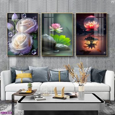 Download file gốc Tranh bộ 3 hoa sen 5d đẹp HM133 (in lụa) nghệ thuật