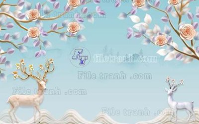 File tranh gốc in trần nhà File tranh gốc dán tường hươu nai sừng K47114 3D