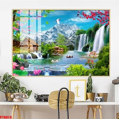 File tranh gốc in trần nhà Tranh sơn thủy thác nước PT6010 3D