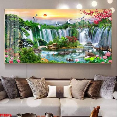 File gốc Tranh sơn thủy thác nước PT6024 (in lụa) trang trí tường