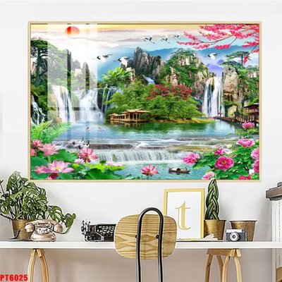 File ảnh Tranh sơn thủy thác nước PT6025 (gốc) dùng in Pano