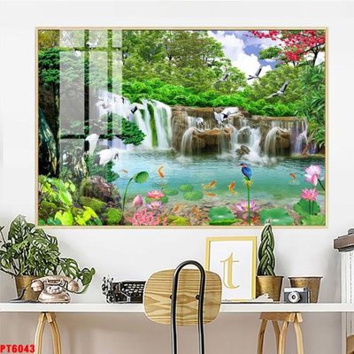 File tranh Tranh sơn thủy thác nước PT6043 (bản gốc) in lụa 3D