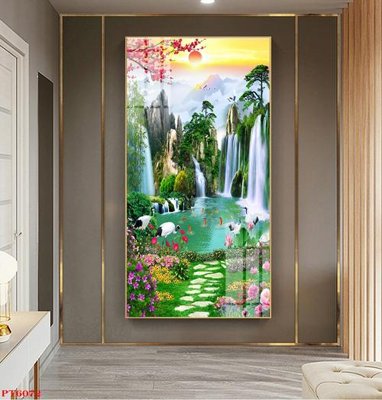 File tranh Tranh sơn thủy thác nước PT6072 (gốc) in trên kính