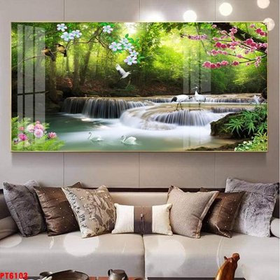 Download file gốc Tranh sơn thủy thác nước PT6103 (in lụa) tranh 3D