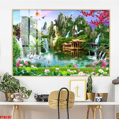 File tranh Tranh sơn thủy thác nước PT6107 (bản gốc) trang trí văn phòng