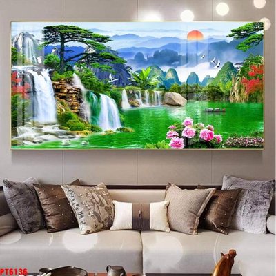 File tranh Tranh sơn thủy thác nước PT6136 (ảnh gốc) in trần xuyên sáng