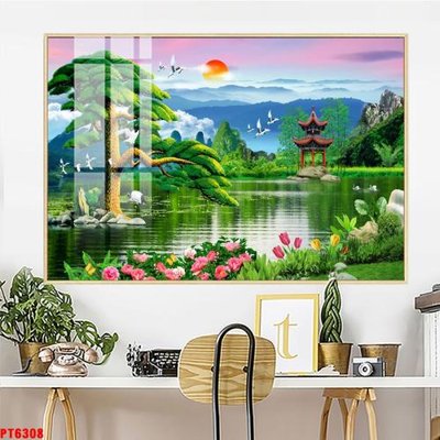 File in trần Tranh sơn thủy thác nước PT6308 (bản gốc) mây trời