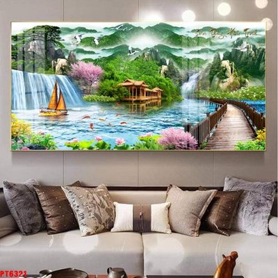 Download file gốc Tranh sơn thủy thác nước PT6321 (in lụa) hoa lá