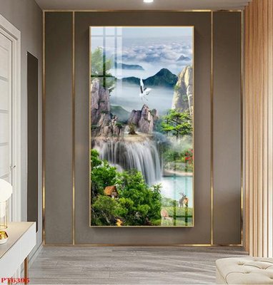 File gốc Tranh sơn thủy thác nước PT6395 (in lụa) tranh phong thủy