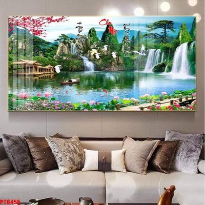 File gốc Tranh sơn thủy thác nước PT6455 (in tráng gương) hiện đại