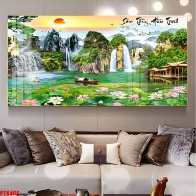 Download file gốc Tranh sơn thủy thác nước PT6465 (in lụa) cao cấp