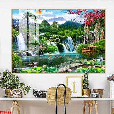 Download file gốc Tranh sơn thủy thác nước PT6499 (in lụa) tranh 3D