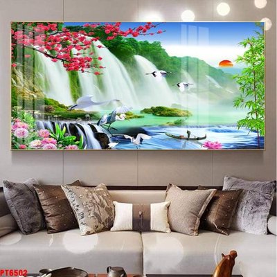 Download file gốc Tranh sơn thủy thác nước PT6502 (in lụa) hoa lá