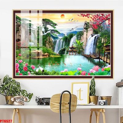 File tranh Tranh sơn thủy thác nước PT6527 (bản gốc) treo quán cafe