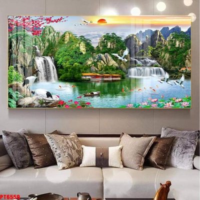 File in lụa Tranh sơn thủy thác nước PT6559 (chất lượng cao) Tranh sơn thủy thác nước PT6559