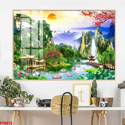 File ảnh Tranh sơn thủy thác nước PT6573 (gốc) dùng in Pano