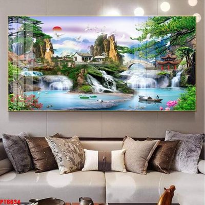File in lụa Tranh sơn thủy thác nước PT6634 (chất lượng cao) Tranh sơn thủy thác nước PT6634