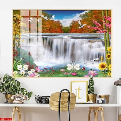 File tranh Tranh sơn thủy thác nước PT6699 (file gốc) chủ đề phong thủy