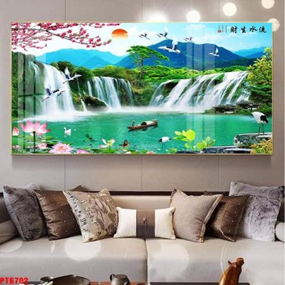 File gốc Tranh sơn thủy thác nước PT6702 (in lụa) hoa văn cổ điển