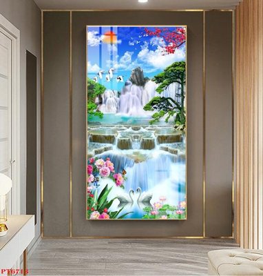 File gốc in mica Tranh sơn thủy thác nước PT6713 chất lượng