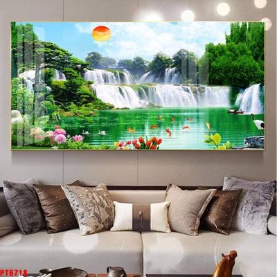 File tranh Tranh sơn thủy thác nước PT6718 (bản gốc) in lụa dán tường