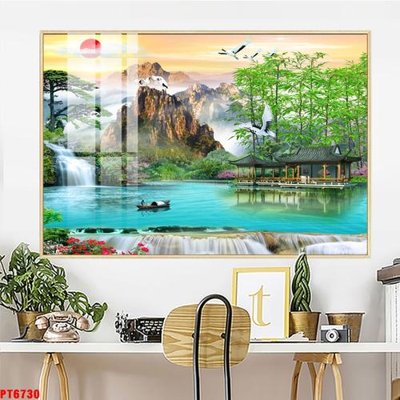 File in trần Tranh sơn thủy thác nước PT6730 (bản gốc) bầu trời