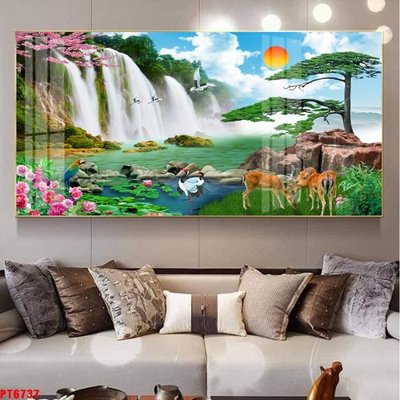 Ảnh gốc Tranh sơn thủy thác nước PT6737 (nét căng) in mica