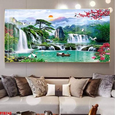 File gốc Tranh sơn thủy thác nước PT6743 (in lụa) họa tiết 3D