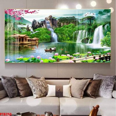 Chi tiết file tranh tráng gương Tranh sơn thủy thác nước PT6753 (ảnh gốc)