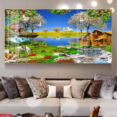 File gốc Tranh sơn thủy thác nước PT6758 (in ấn) màu sắc trung thực