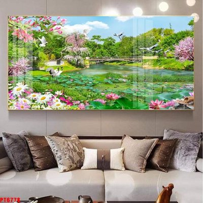 File in trần Tranh sơn thủy thác nước PT6778 (bản gốc) mây trời