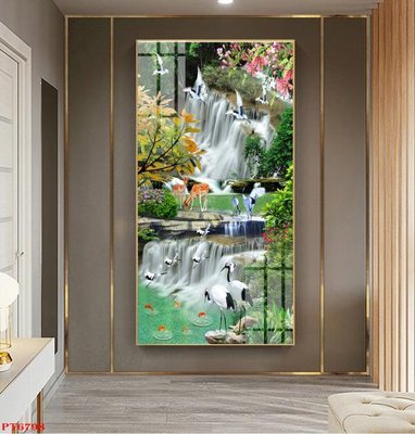 File tranh gốc in trần nhà Tranh sơn thủy thác nước PT6798 3D