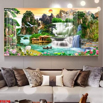 File tranh gốc Tranh sơn thủy thác nước PT6799 (bản đẹp) độc quyền