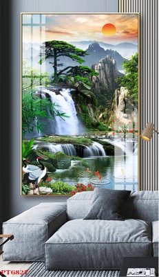 File gốc Tranh sơn thủy thác nước PT6827 (in lụa) chi tiết cao