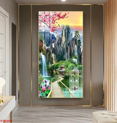 File in trần Tranh sơn thủy thác nước PT6874 (file gốc) phong thủy