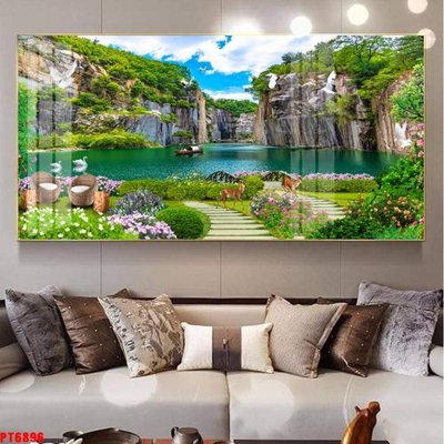 File in lụa Tranh sơn thủy thác nước PT6896 (chất lượng cao) Tranh sơn thủy thác nước PT6896