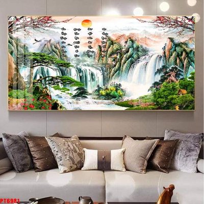 File gốc Tranh sơn thủy thác nước PT6981 (in lụa) chi tiết cao