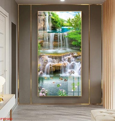 File in trần Tranh sơn thủy thác nước PT7053 (file gốc) phong thủy