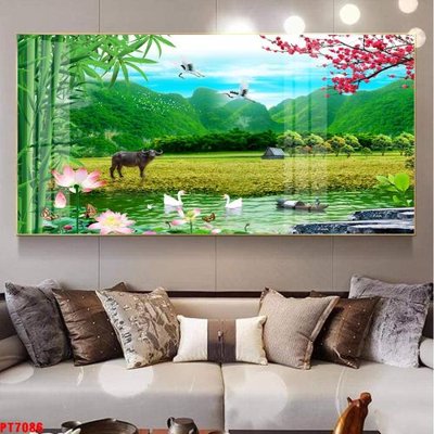 Download file gốc Tranh sơn thủy thác nước PT7086 (in lụa) tranh 3D