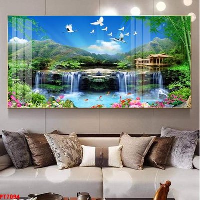 File gốc Tranh sơn thủy thác nước PT7094 (in lụa) hoa văn cổ điển