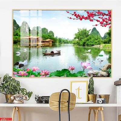 File gốc Tranh sơn thủy thác nước PT7098 (in lụa) tranh mã đáo