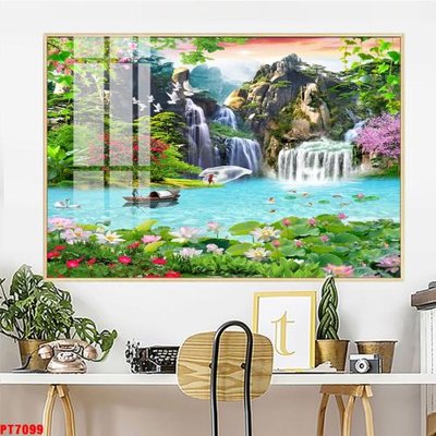 File gốc Tranh sơn thủy thác nước PT7099 (in lụa) tranh thuận buồm