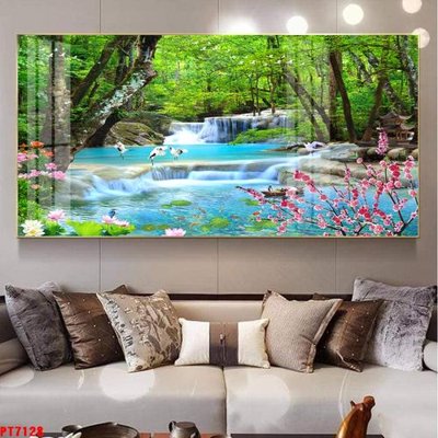 File gốc Tranh sơn thủy thác nước PT7128 (in lụa) trang trí tường