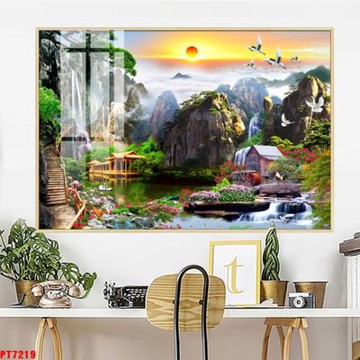 File gốc Tranh sơn thủy thác nước PT7219 (in tráng gương) sang trọng