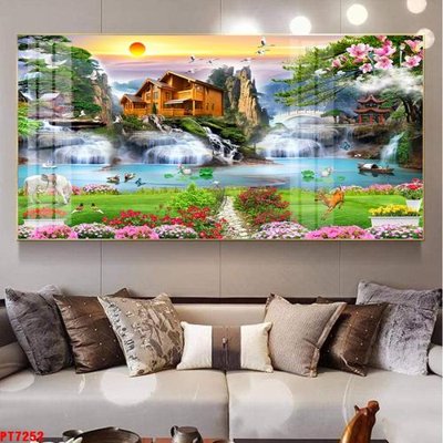 File in trần Tranh sơn thủy thác nước PT7252 (file gốc) phong thủy