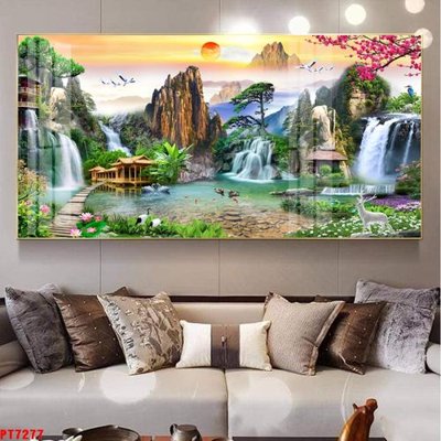 File tranh Tranh sơn thủy thác nước PT7277 (gốc) in trên kính