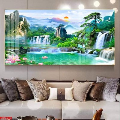 File gốc Tranh sơn thủy thác nước PT7283 (in lụa) tranh thuận buồm