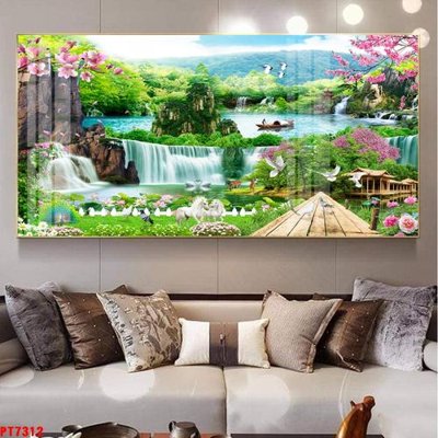 File in lụa Tranh sơn thủy thác nước PT7312 (hoa văn) Tranh sơn thủy thác nước PT7312
