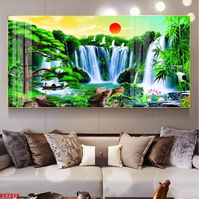 File tranh gốc in trần nhà Tranh sơn thủy thác nước PT7315 3D