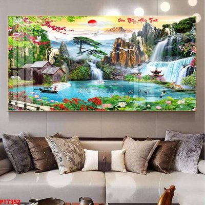 File tranh Tranh sơn thủy thác nước PT7352 (bản gốc) in lụa 5D